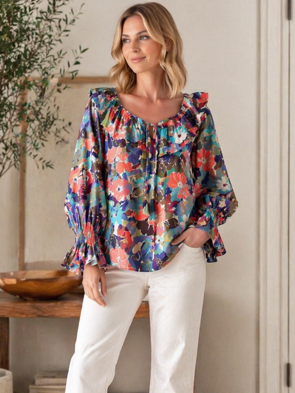 First Love | Cotton Long Sleeve Floral Print Blouse With Ruffle details.